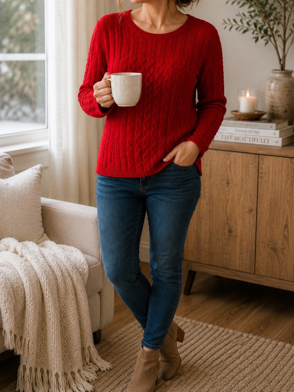 J.Jill Red Chenille Cable Knit Sweater XS Petite Cozy Tunic Pullover Super Soft